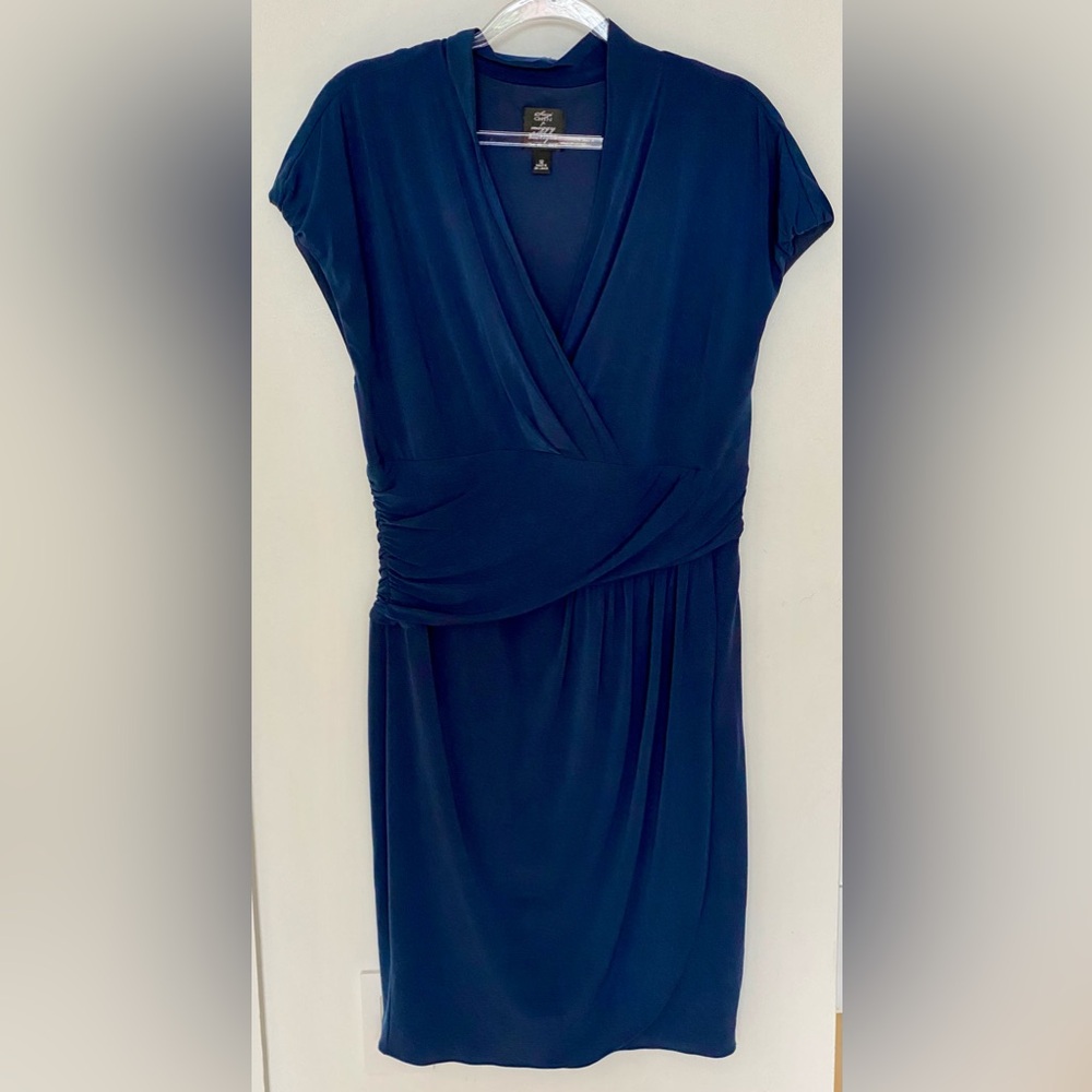 Suzi Chin for Maggy Boutique Navy Blue Women's V-Neck Ruched A-Line Dress